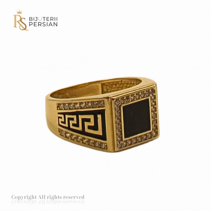 Inel bărbătesc Royal din aur galben, decorat cu email colorat și pietre zirconiu