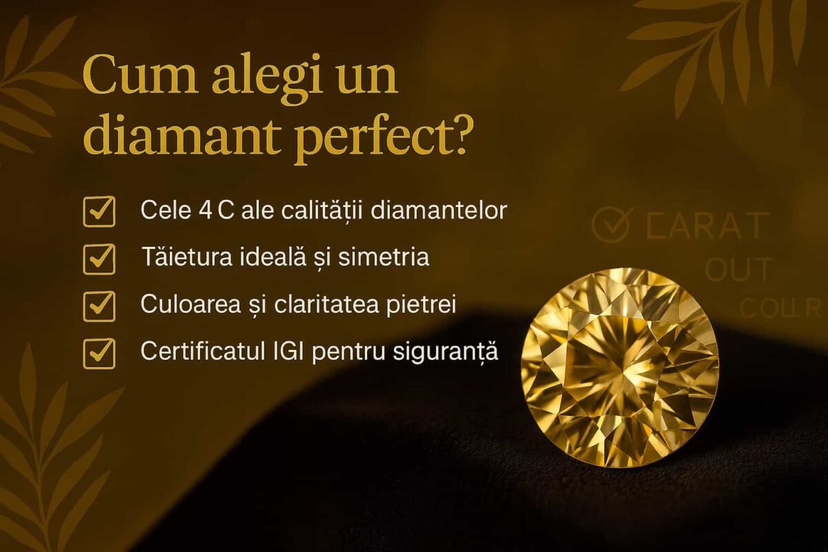 Imagine informativă despre cum alegi un diamant perfect – cu listă a celor 4 C și diamant strălucitor în fundal