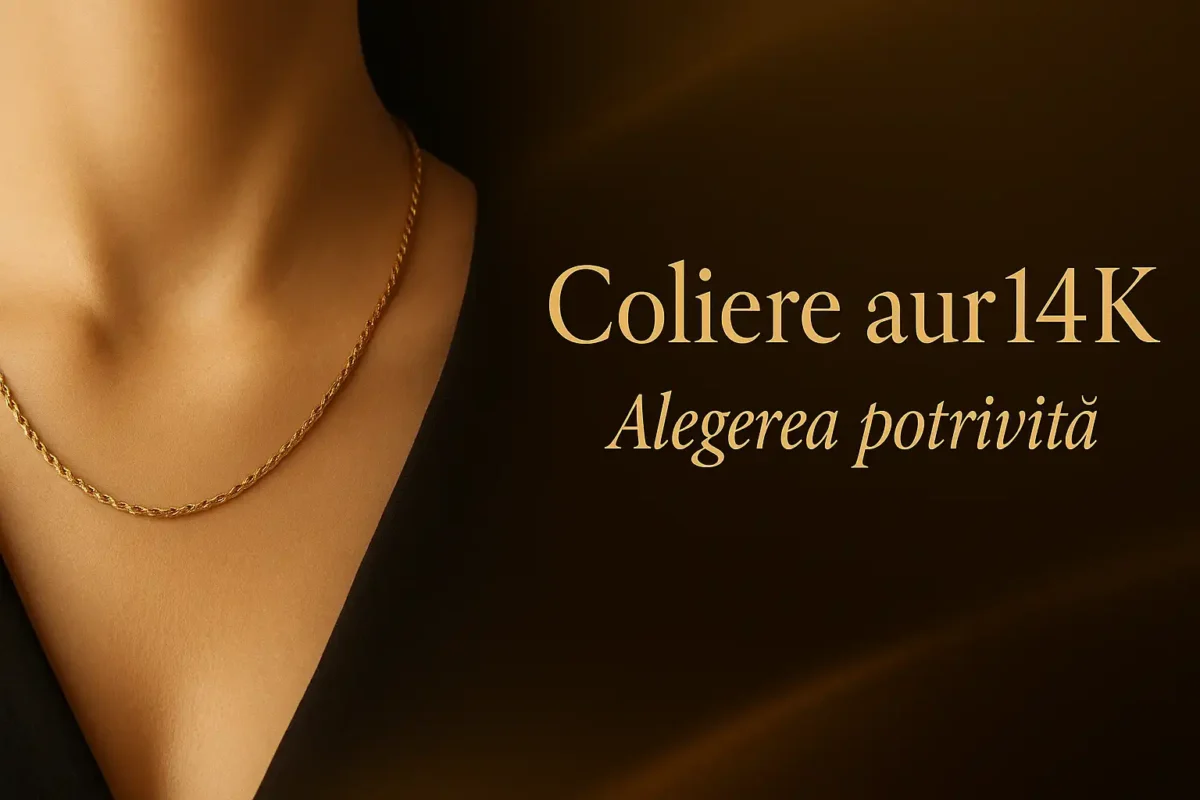 Banner elegant cu un colier din aur 14K pe gâtul unei femei, text „Coliere aur 14K – Alegerea potrivită”, design premium Bijuterii Persian.