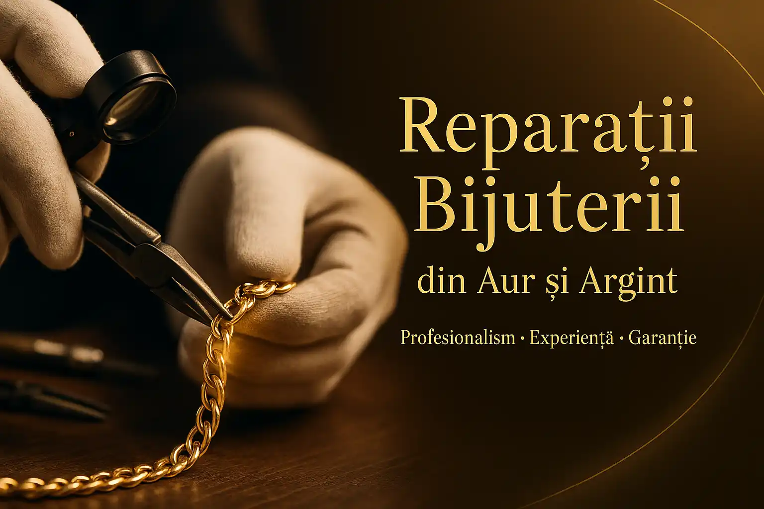 Banner profesional pentru reparații bijuterii din aur și argint, cu bijutier care repară o brățară de aur pe bancul de lucru – Bijuterii Persian.