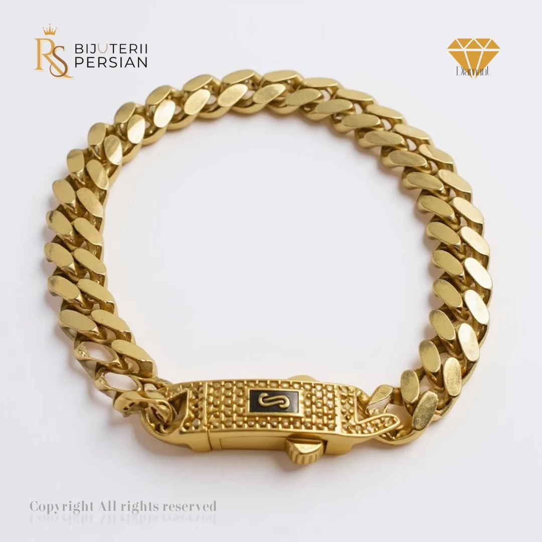 Brățara Cuban Lux din aur galben cu închizătoare cu pietre zirconiu (1) Brățara Cuban Lux din aur galben cu închizătoare cu pietre zirconiu - bijuterie de lux