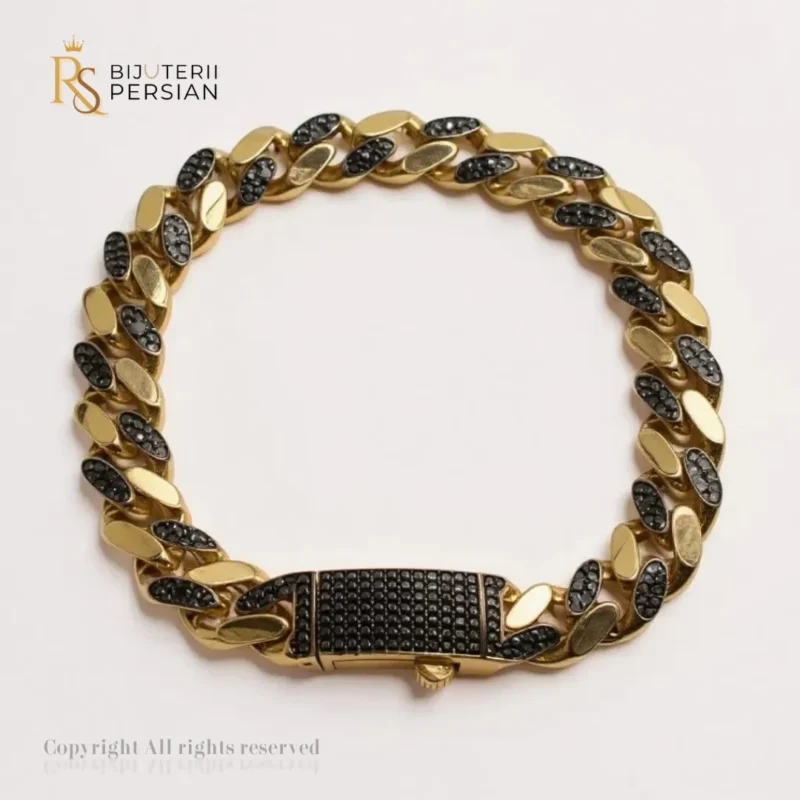 Brățara Lux Cuban din aur galben cu pietre zirconiu negre