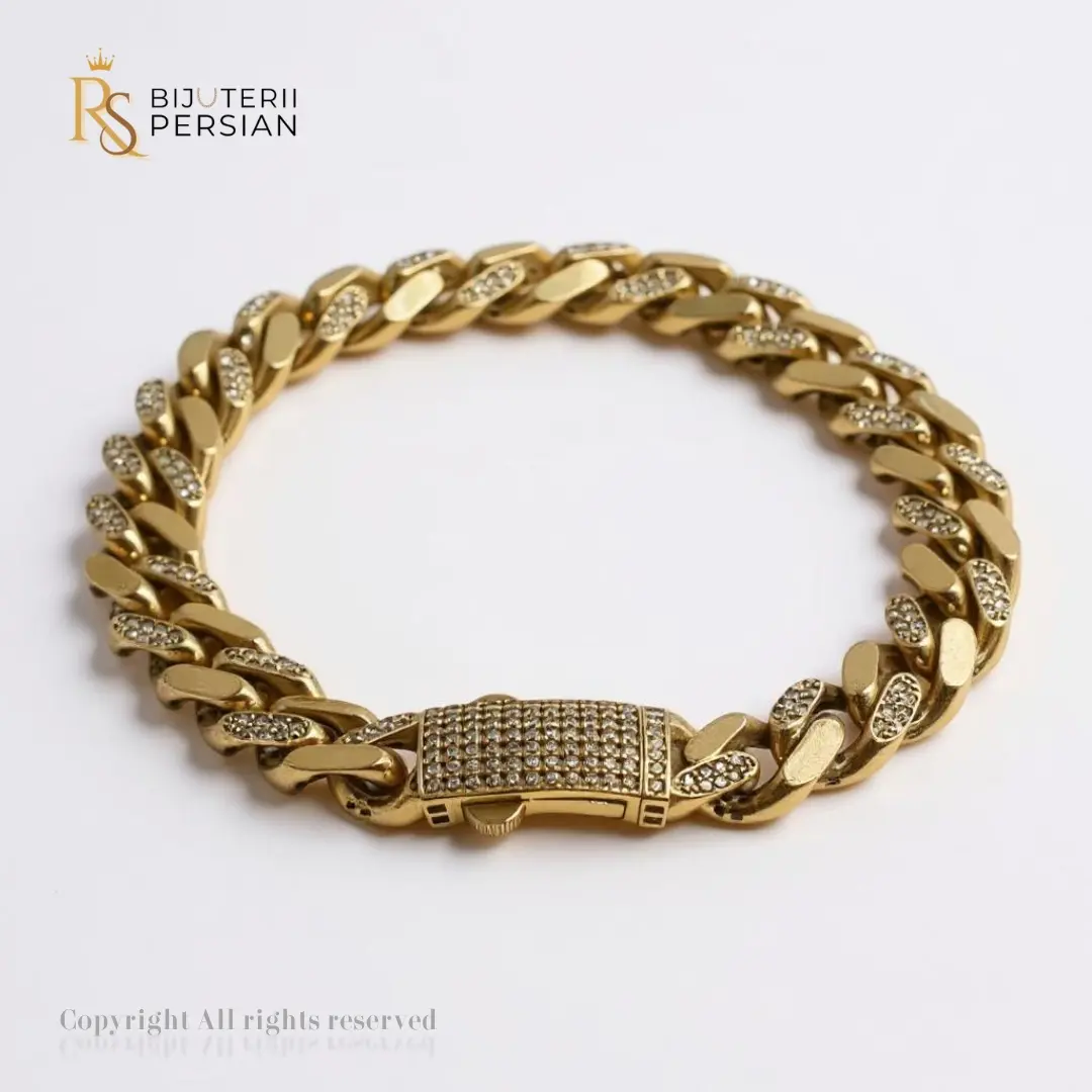 Brățara din aur galben stil Cuban, decorată cu zirconiu strălucitor (1) Brățara din aur galben stil Cuban, decorată cu zirconiu strălucitor