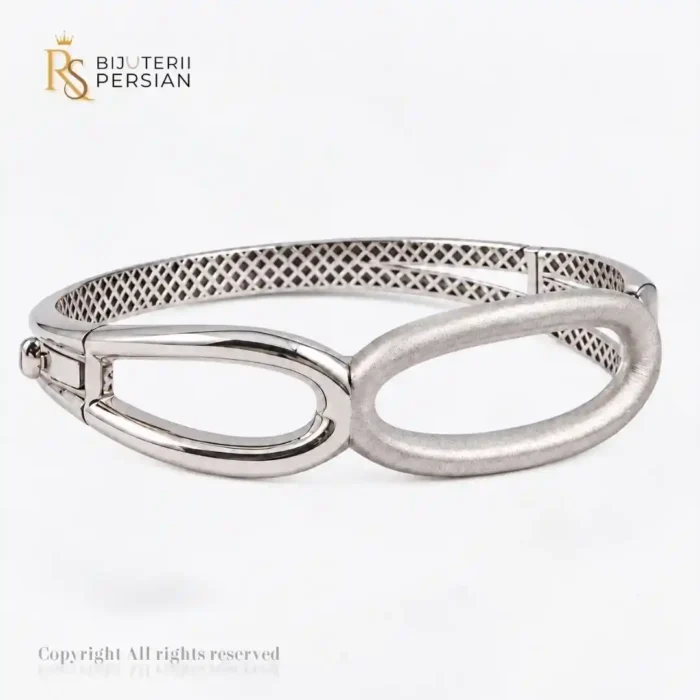 Bratara fixa aur alb 14K cu element central oval satinat si balamala de calitate