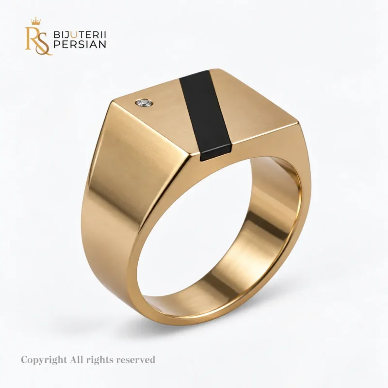 Inel bărbătesc Regal din aur galben cu email colorat și pietre zirconiu