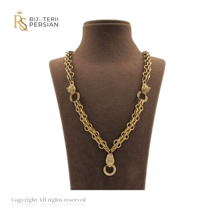 Lănțișor statement din aur galben cu lanț dublu și pandantiv strălucitor – bijuterie impunătoare pentru femei elegante.