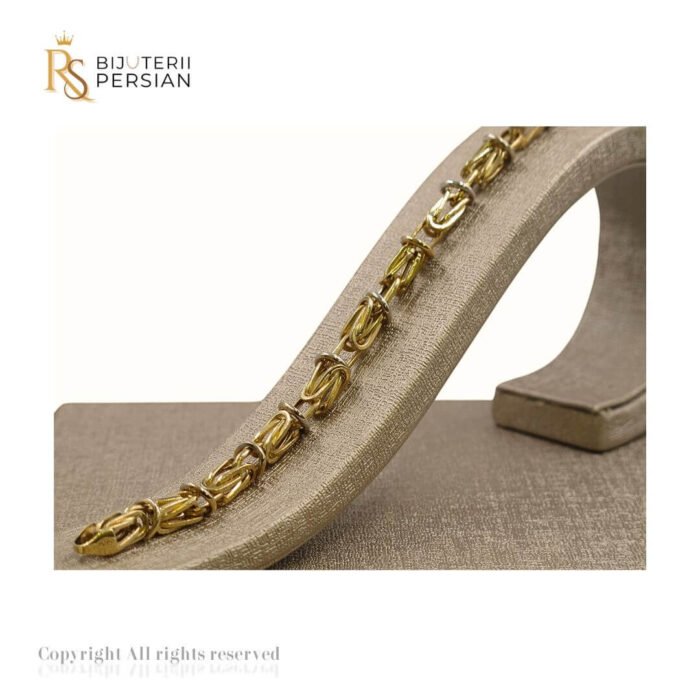 Brățară bicolor din aur galben și alb 14K cu model împletit și inele circulare decorative – design sofisticat și rezistent.