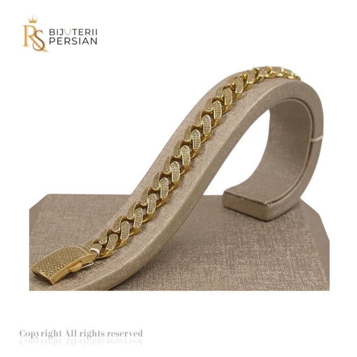 brățară din aur galben 14K cu pietre zirconia și design lat
