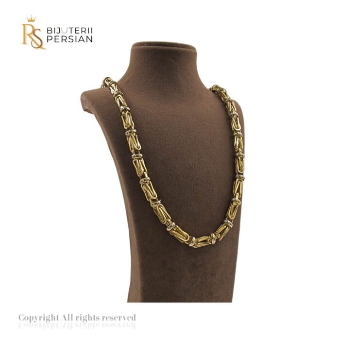 Lanț bicolor din aur galben și alb cu model geometric structurat – bijuterie masculină 14K.