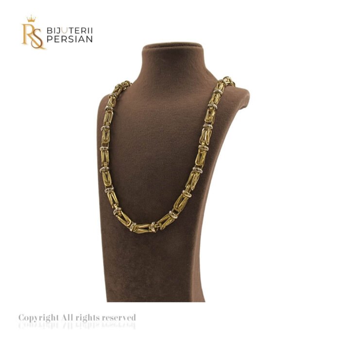 Lanț bicolor din aur galben și alb cu model geometric structurat – bijuterie masculină 14K.