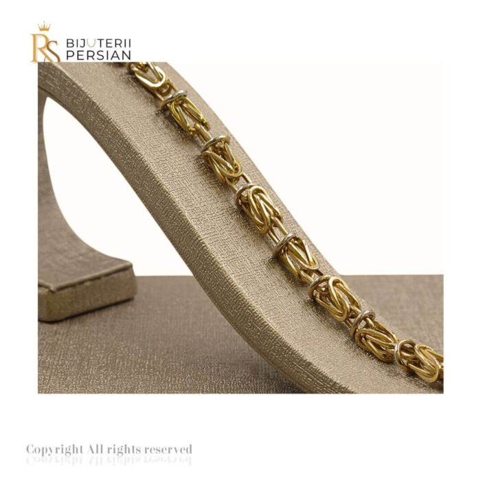 Brățară bicolor din aur galben și alb 14K cu model împletit și inele circulare decorative – design sofisticat și rezistent.