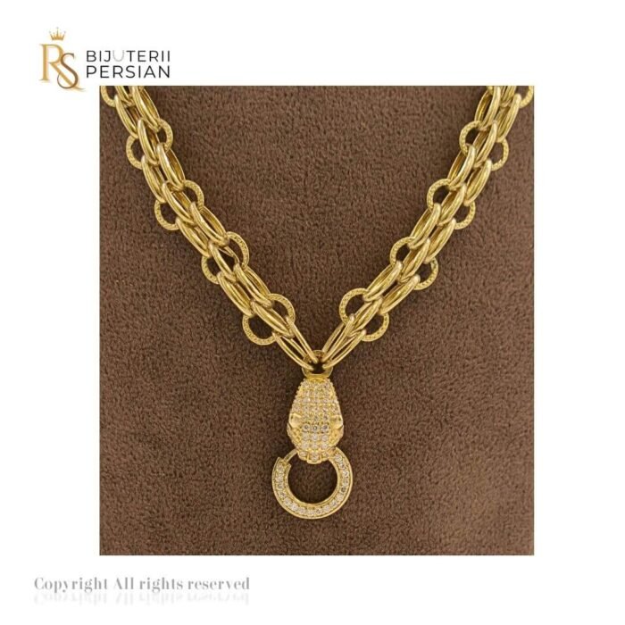 Lănțișor statement din aur galben cu lanț dublu și pandantiv strălucitor – bijuterie impunătoare pentru femei elegante.