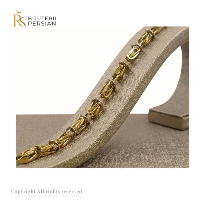 Brățară bicolor din aur galben și alb 14K cu model împletit și inele circulare decorative – design sofisticat și rezistent.