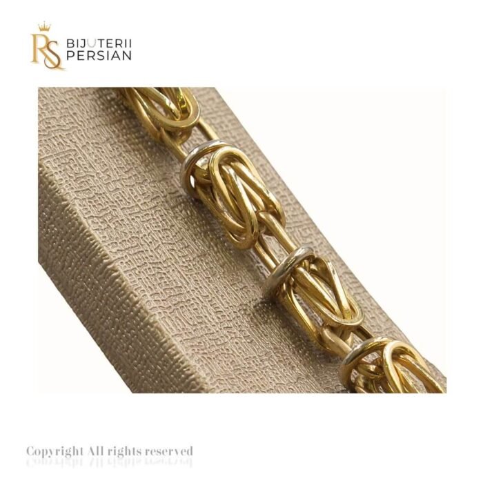 Brățară bicolor din aur galben și alb 14K cu model împletit și inele circulare decorative – design sofisticat și rezistent.