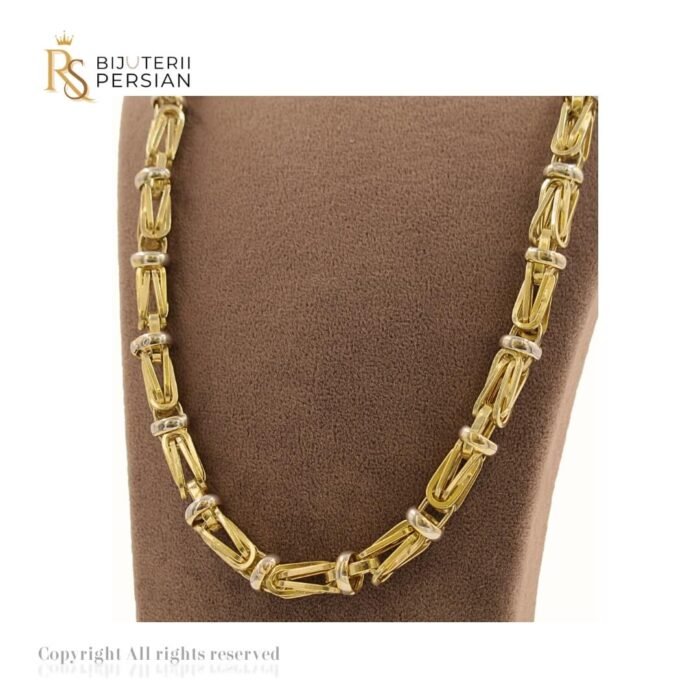 Lanț bicolor din aur galben și alb cu model geometric structurat – bijuterie masculină 14K.