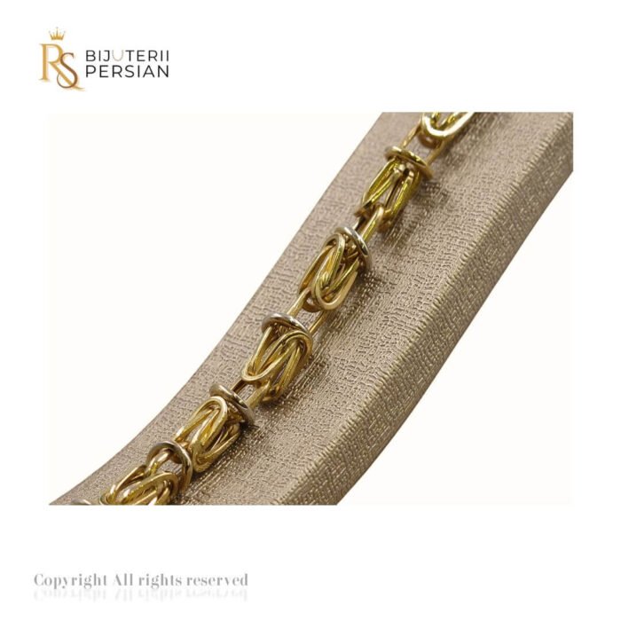 Brățară bicolor din aur galben și alb 14K cu model împletit și inele circulare decorative – design sofisticat și rezistent.