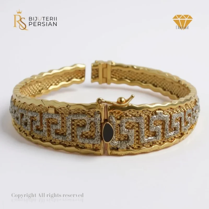 brățară aur galben și alb 14K model grecesc cu textură fină