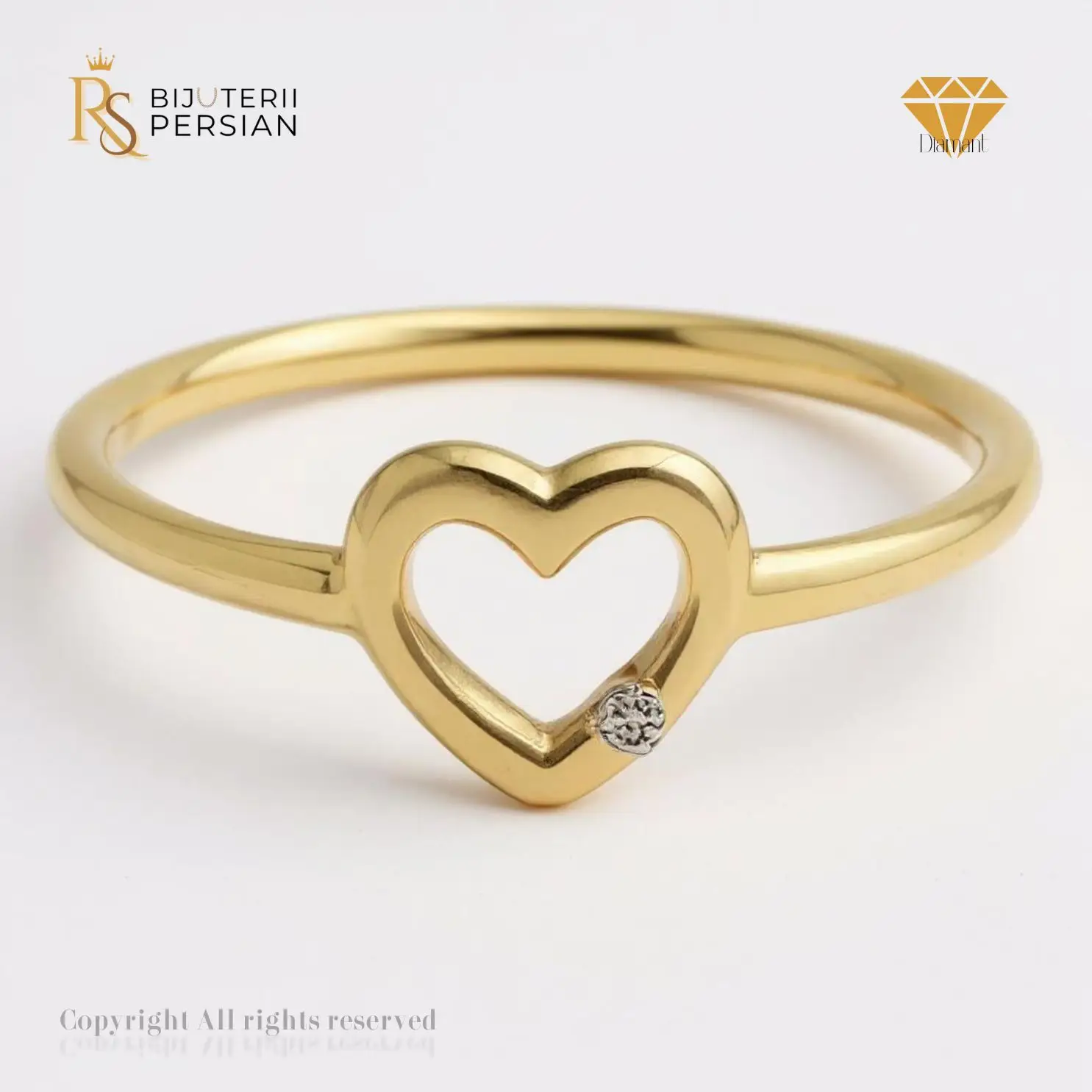 Inel Amor din Aur Galben cu Inimă și Diamant Certificat IGI (1) Inel în formă de inimă din aur galben cu diamant certificat IGI – model fin și romantic