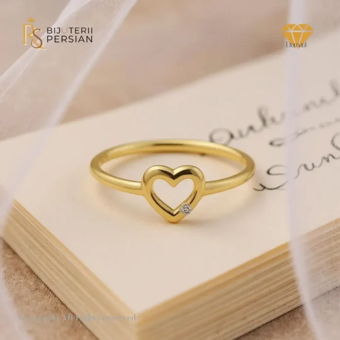 Inel în formă de inimă din aur galben cu diamant certificat IGI – model fin și romantic