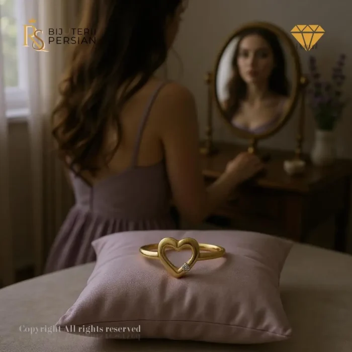 Inel în formă de inimă din aur galben cu diamant certificat IGI – model fin și romantic