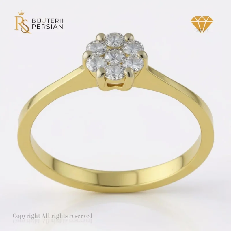 Inel de logodnă din aur galben cu montură în stil halou și diamante strălucitoare – model Aurora