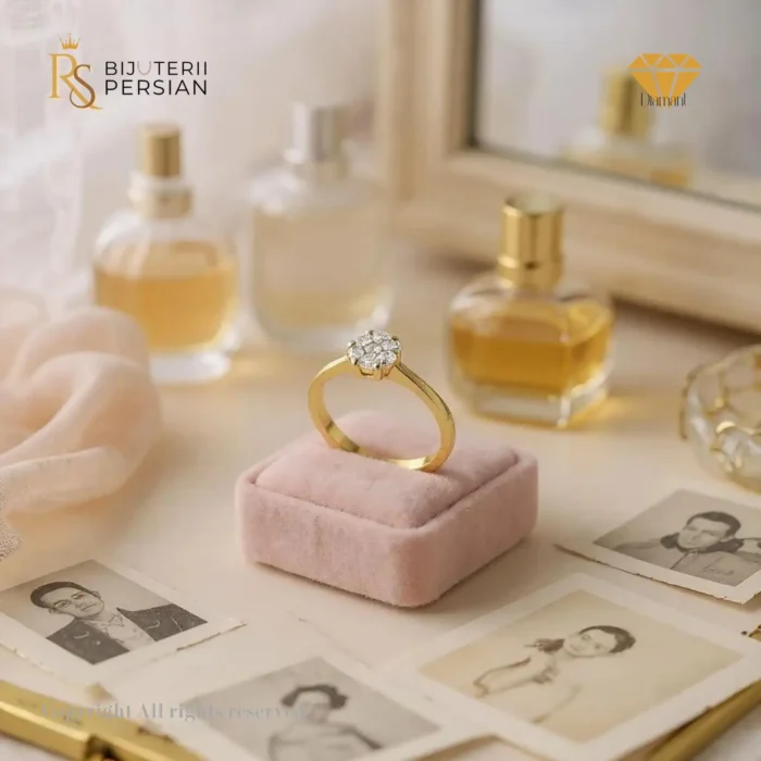 Inel de logodnă din aur galben cu montură în stil halou și diamante strălucitoare – model Aurora