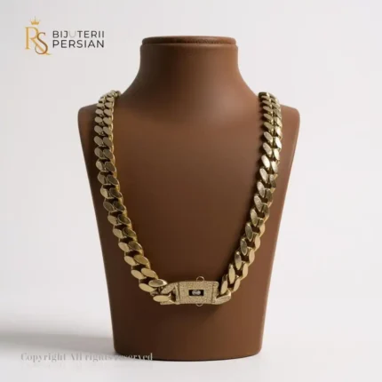 Lanț Cuban din aur galben 14K cu încuietoare strălucitoare, design lat și stil luxos
