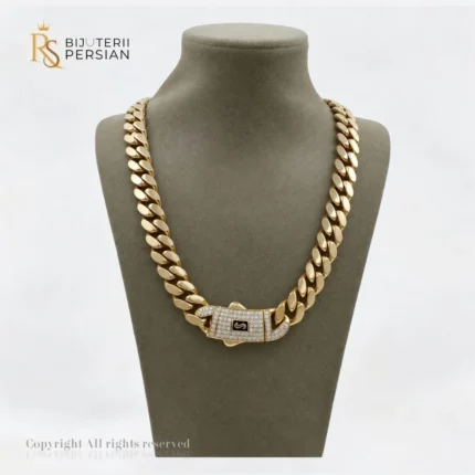 Lanț Cuban din aur galben 14K cu încuietoare strălucitoare, design lat și stil luxos