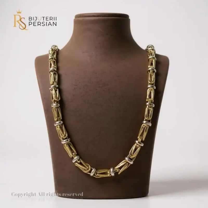 Lanț bicolor din aur galben și alb cu model geometric structurat – bijuterie masculină 14K.