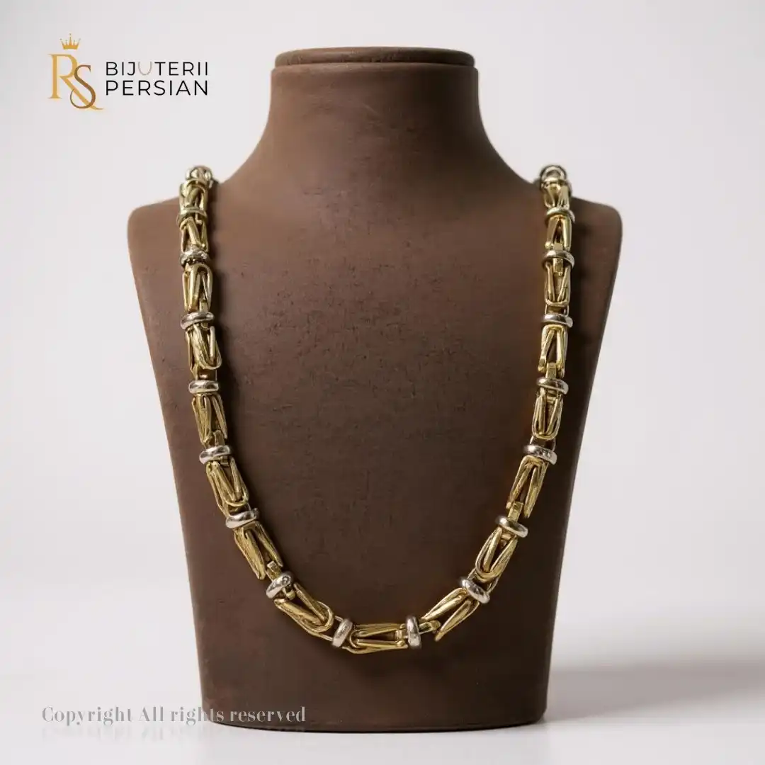 Lanț Bicolor din Aur Galben și Alb 14K cu Model Geometric (1) Lanț bicolor din aur galben și alb cu model geometric structurat – bijuterie masculină 14K.