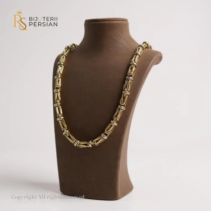 Lanț bicolor din aur galben și alb cu model geometric structurat – bijuterie masculină 14K.