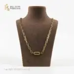 Lanț aur cu pandantiv central tip zală pavată cu zirconii și șină modernă paperclip 14K