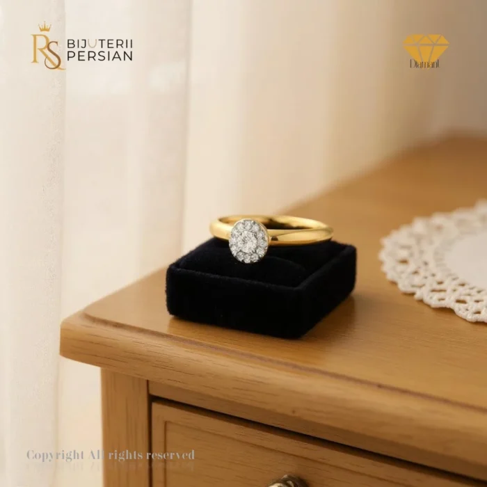 Inel din aur galben 14K cu montură circulară și 13 diamante rotunde naturale certificat IGI