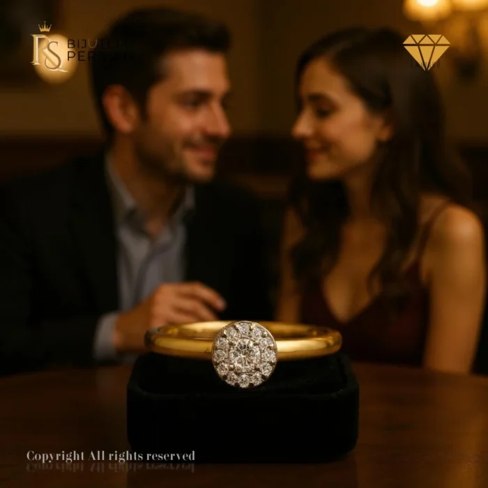 Inel din aur galben 14K cu montură circulară și 13 diamante rotunde naturale certificat IGI