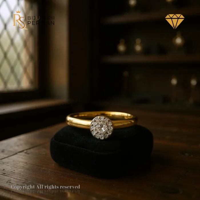Inel din aur galben 14K cu montură circulară și 13 diamante rotunde naturale certificat IGI