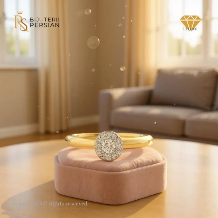 Inel din aur galben 14K cu montură circulară și 13 diamante rotunde naturale certificat IGI