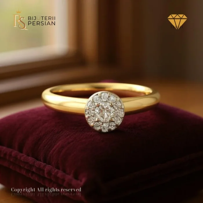 Inel din aur galben 14K cu montură circulară și 13 diamante rotunde naturale certificat IGI