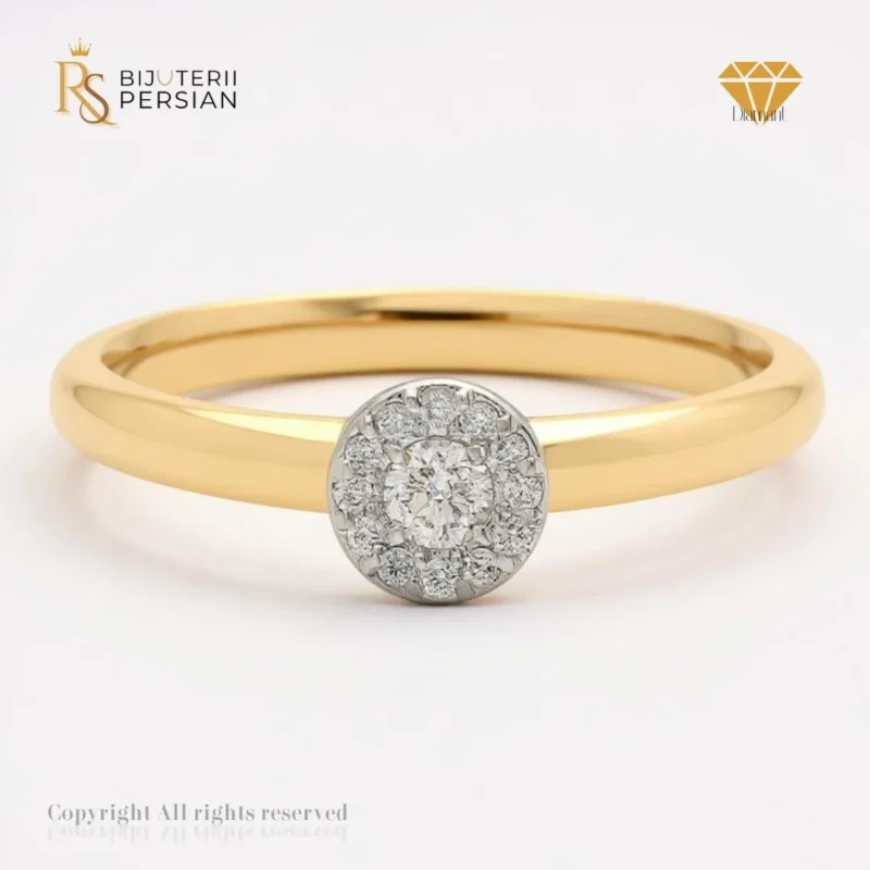 Inel din aur galben 14K cu montură circulară și 13 diamante rotunde naturale certificat IGI