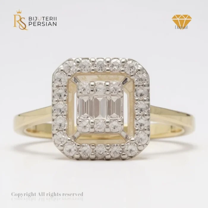 Inel Clarisse din aur galben 14K cu 29 de diamante naturale certificat IGI – model cu formă rectangulară