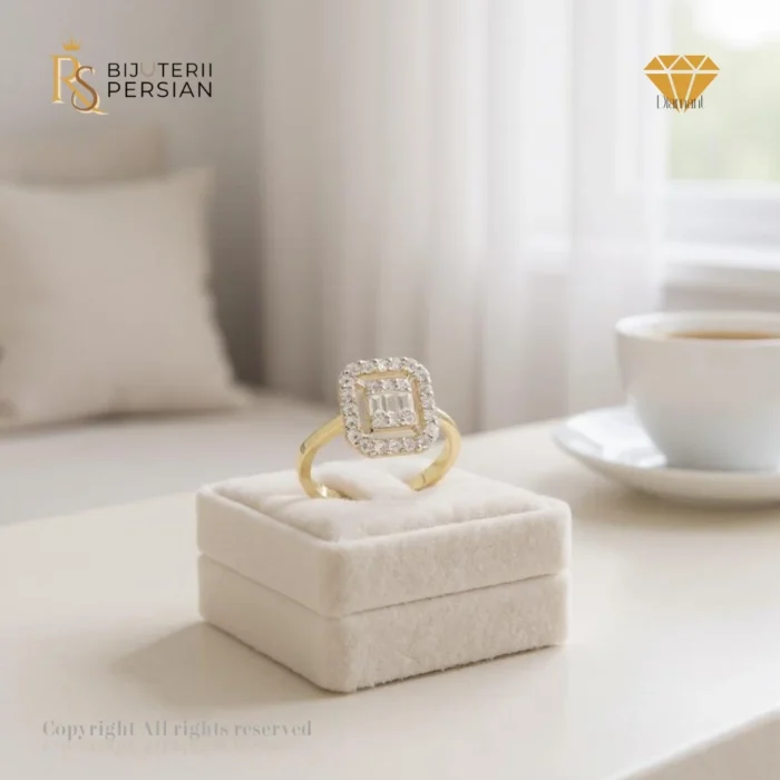 Inel Clarisse din aur galben 14K cu 29 de diamante naturale certificat IGI – model cu formă rectangulară