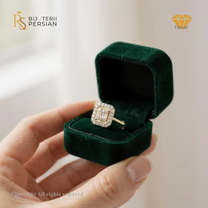 Inel Clarisse din aur galben 14K cu 29 de diamante naturale certificat IGI – model cu formă rectangulară