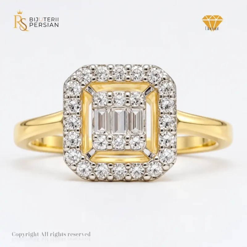 Inel Clarisse din aur galben 14K cu 29 de diamante naturale certificat IGI – model cu formă rectangulară