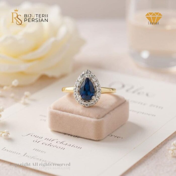 Inel din aur galben 14K cu safir albastru și 16 diamante naturale, certificat IGI – model Sofia