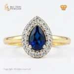 Inel din aur galben 14K cu safir albastru și 16 diamante naturale, certificat IGI – model Sofia