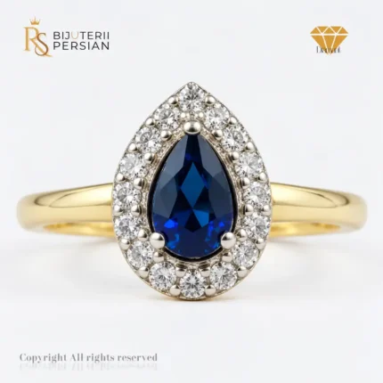 Inel din aur galben 14K cu safir albastru și 16 diamante naturale, certificat IGI – model Sofia