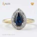 Inel din aur galben 14K cu safir albastru și 16 diamante naturale, certificat IGI – model Sofia