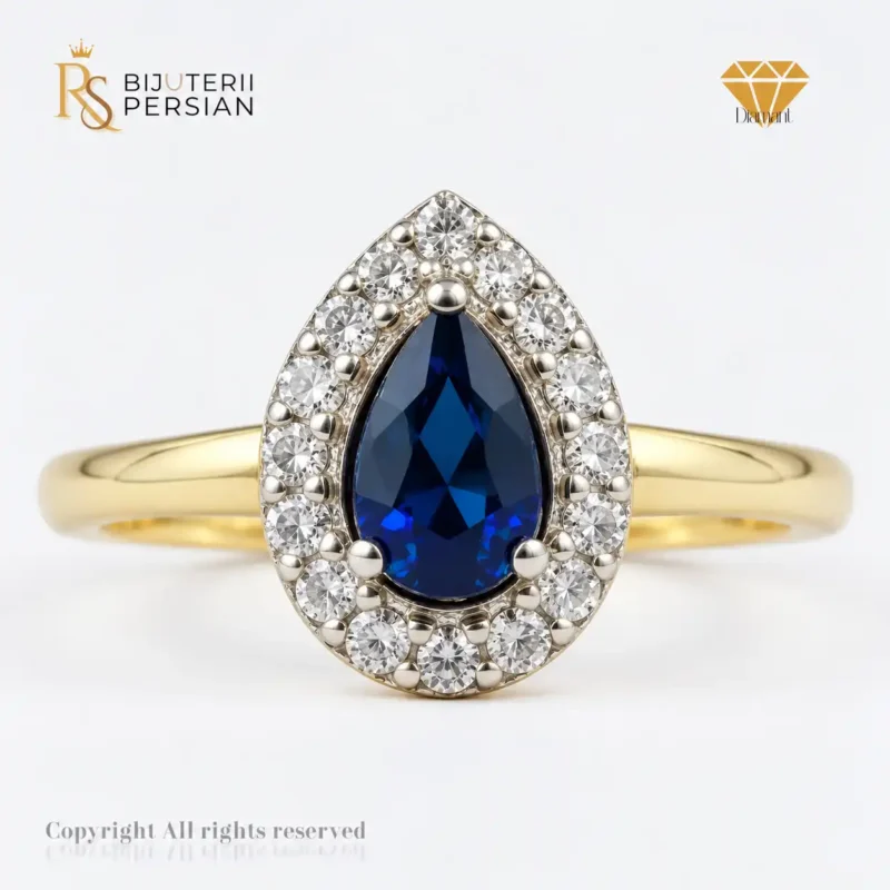 Inel din aur galben 14K cu safir albastru și 16 diamante naturale, certificat IGI – model Sofia