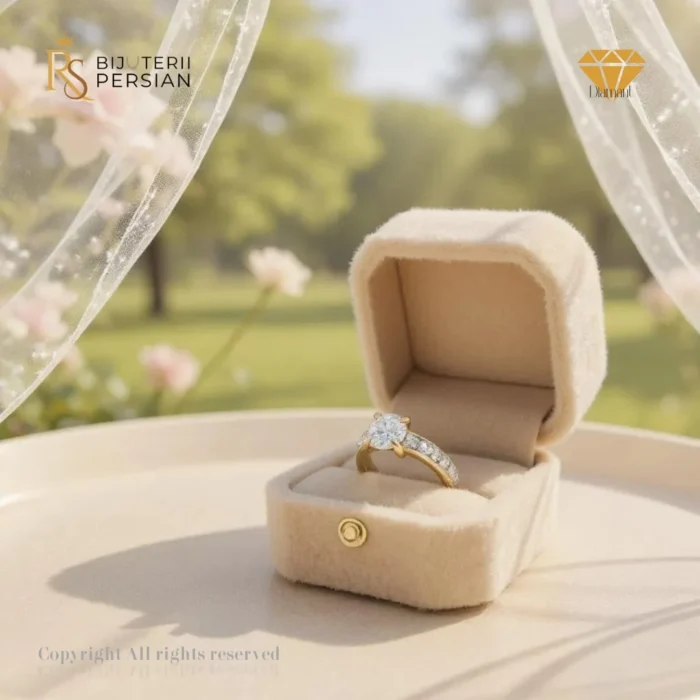 Inel solitar din aur galben cu diamant rotund și bandă cu pietre, certificat IGI