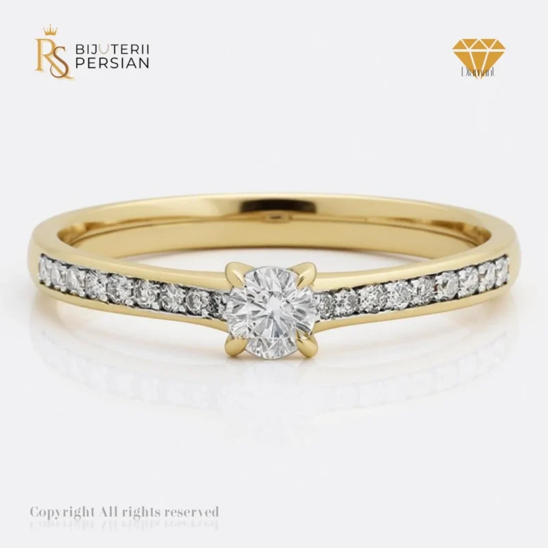 Inel solitar din aur galben cu diamant rotund și bandă cu pietre, certificat IGI