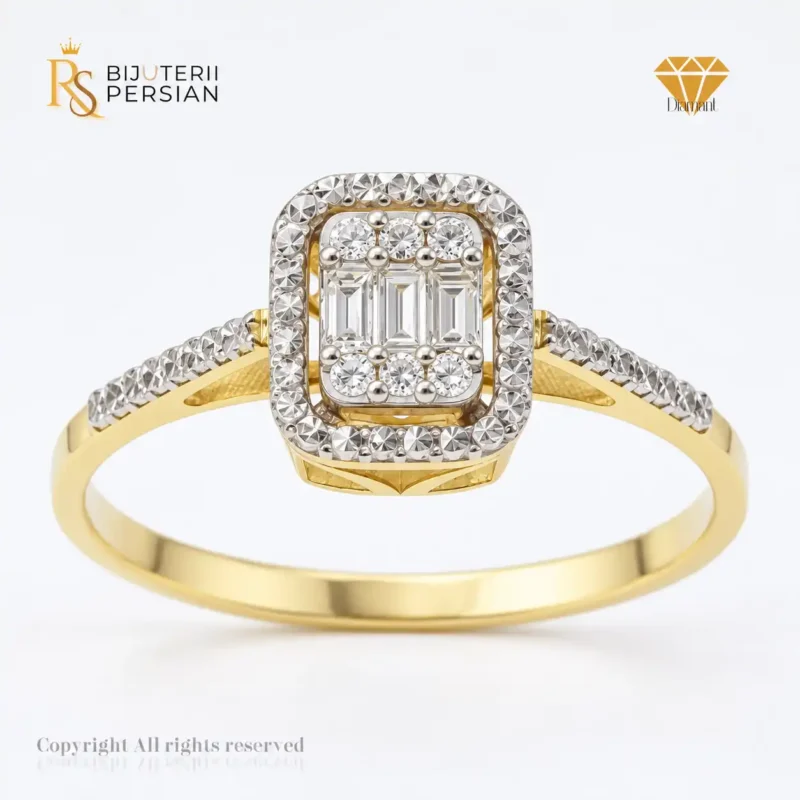 Inel Victoria din aur galben și alb 14K cu diamante naturale certificat HRD, design rectangular elegant
